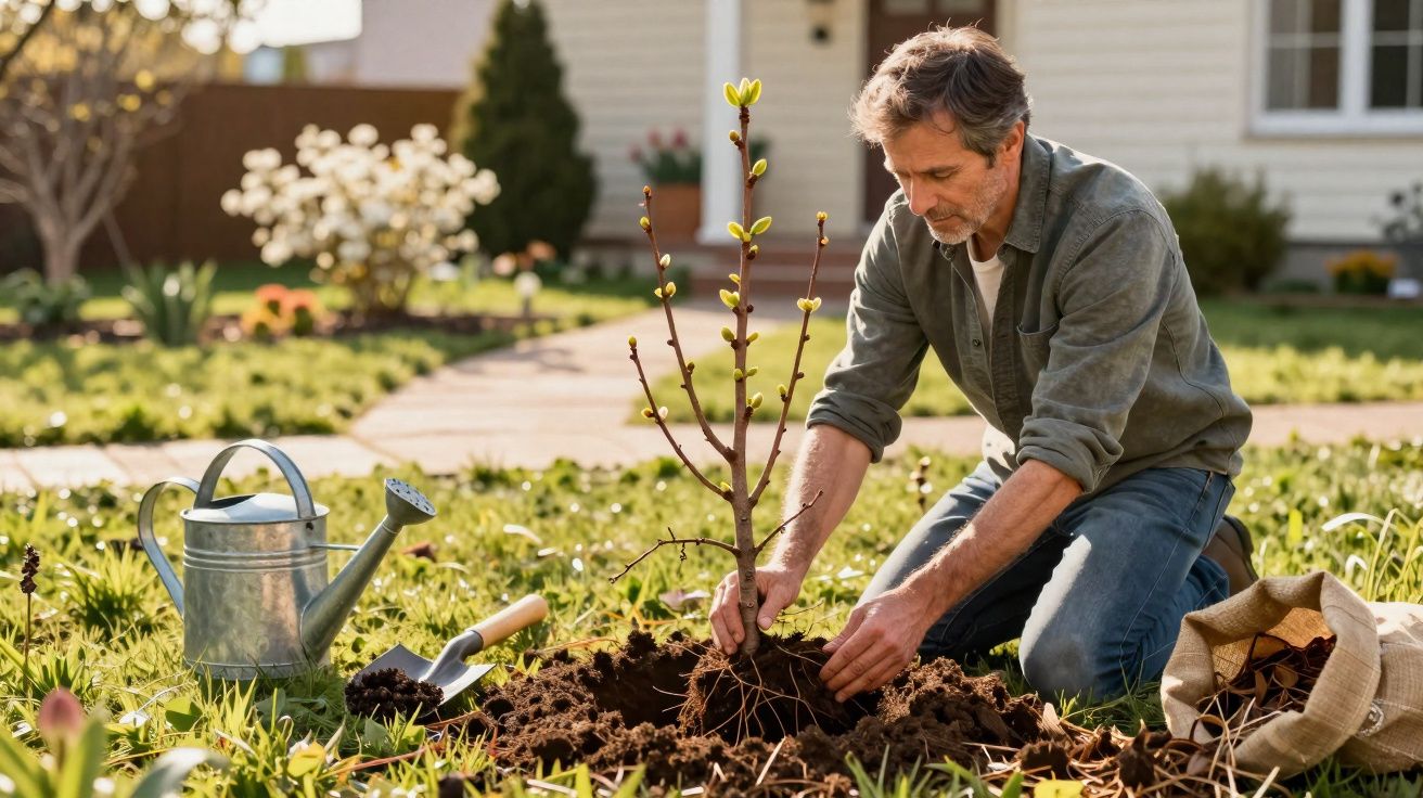 Homem a plantar uma árvore jovem num jardim com regador e pá ao lado.