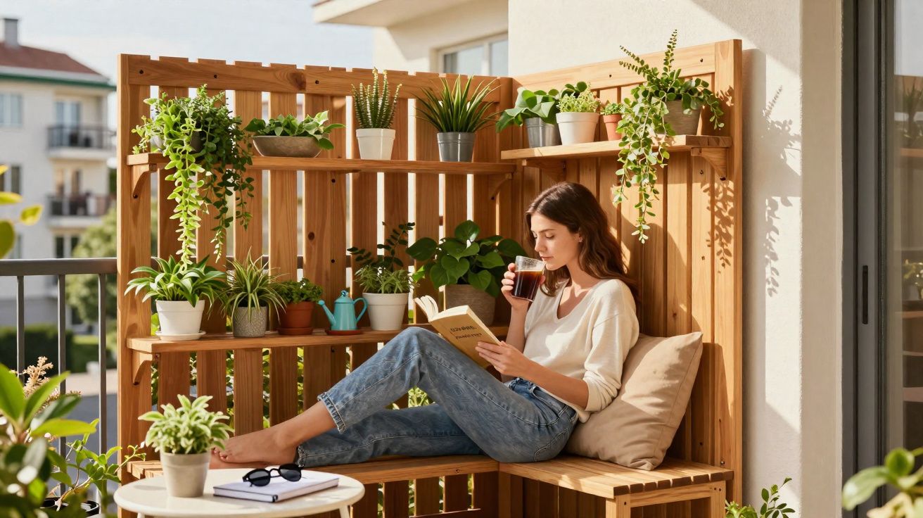 Mulher sentada no varandas com estante de madeira cheia de plantas, lendo livro e bebendo chá.