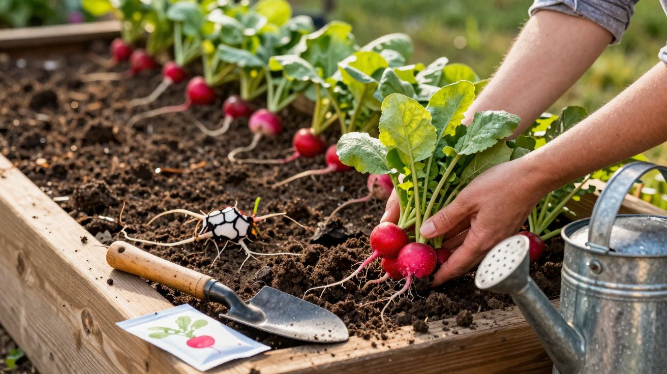 Mãos a colher rabanetes vermelhos num canteiro de madeira com terra solta, próximo de regador e enxada.