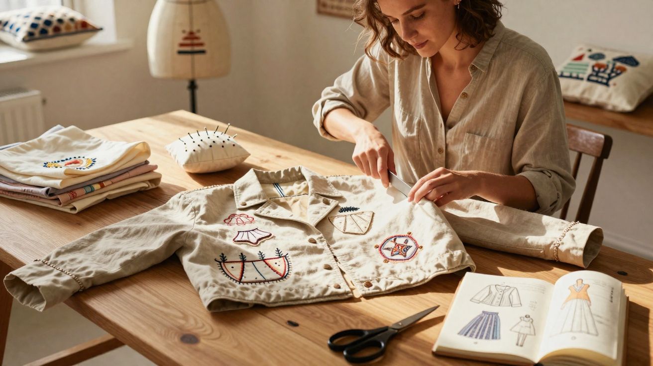 Mulher borda uma jaqueta bege com agulha, ao lado de tesoura, almofada de alfinetes e livro de desenhos.