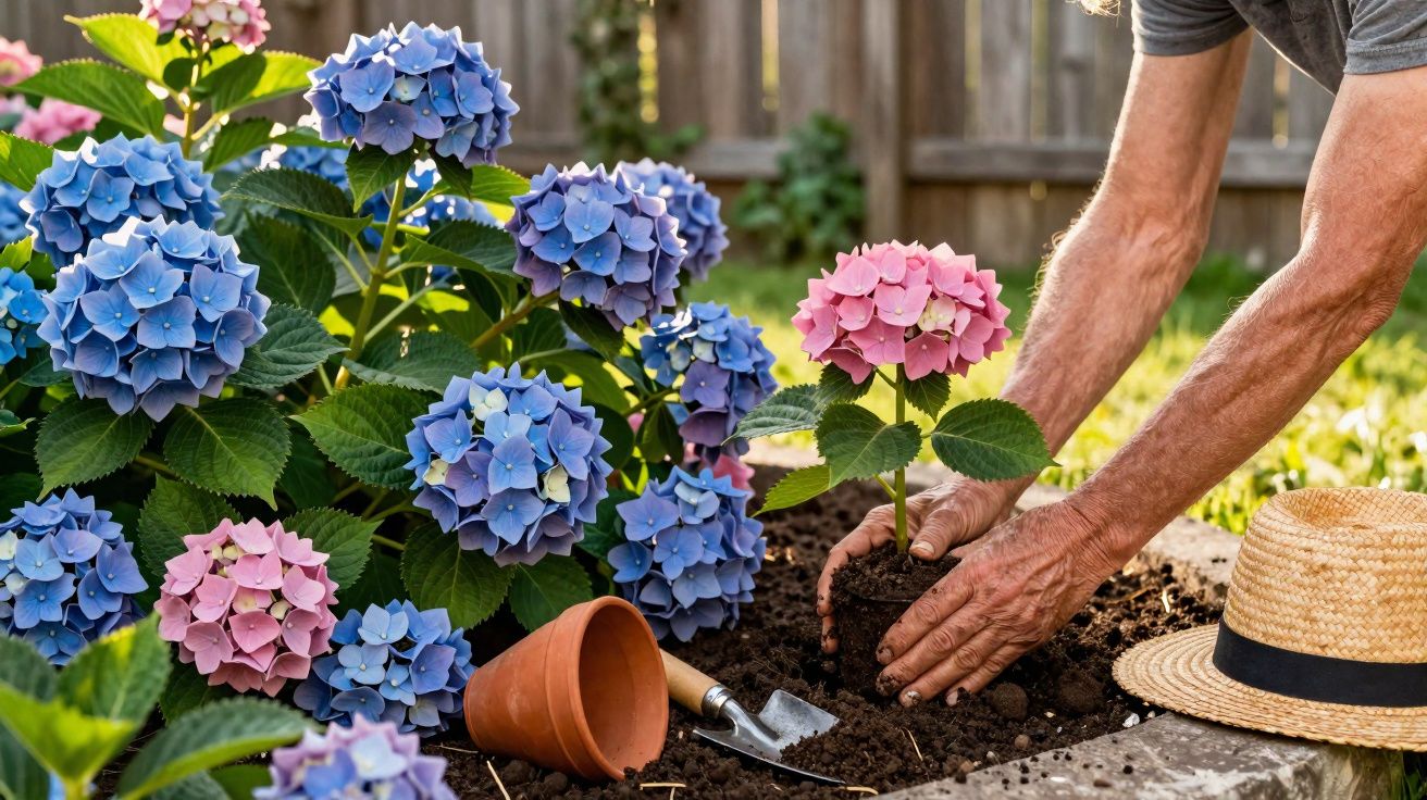 Pessoa adulta a plantar flor de hortênsia rosa junto a hortênsias azuis num jardim com ferramentas e chapéu.