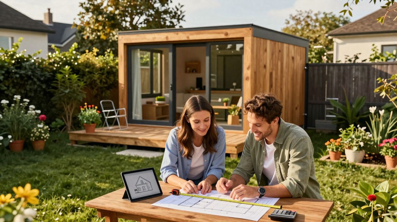 Casal a analisar plantas de arquitetura no jardim, com casa pequena em madeira ao fundo e tablet ao lado.