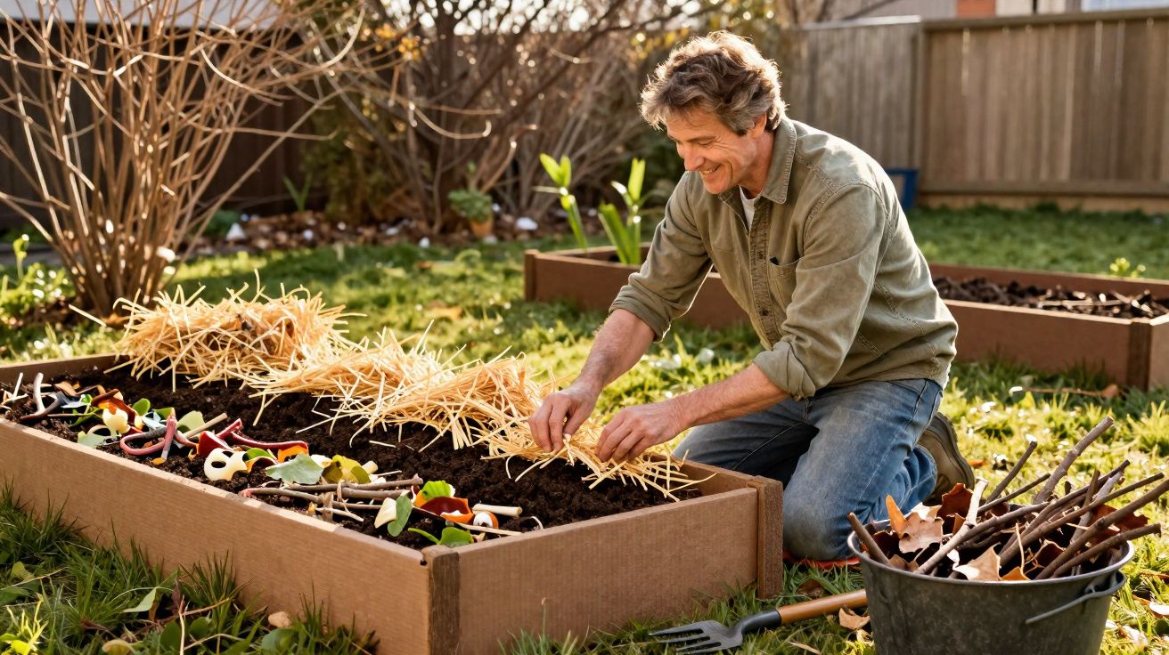Homem a tratar de um canteiro de vegetais com cobertura de palha num jardim ensolarado.