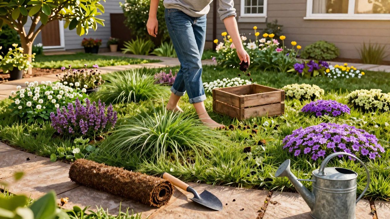 Pessoa a plantar flores num jardim colorido, com regador, enxada e tapete de relva enrolado no chão.