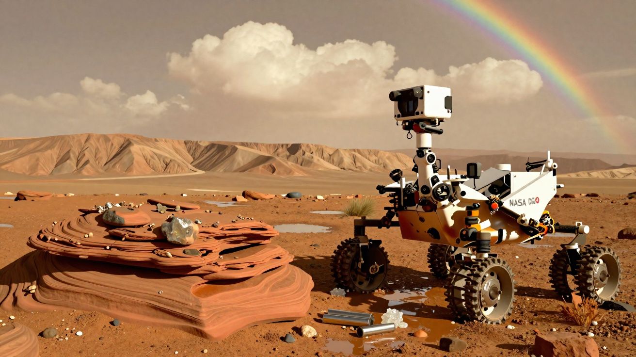 Rover da NASA explorando terreno vermelho marciano sob um céu nublado com arco-íris ao fundo.