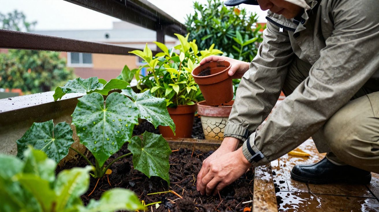 Pessoa a plantar mudas numa caixa de jardim numa varanda durante chuva ligeira.