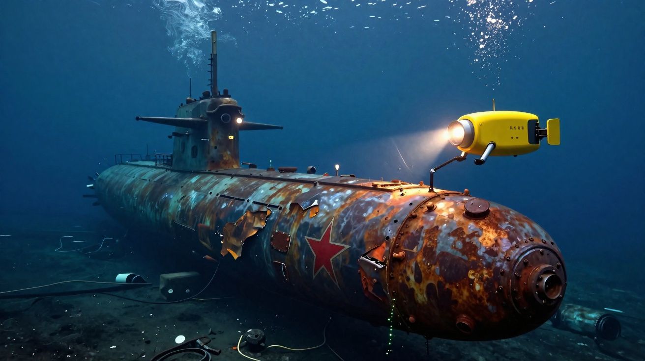 Submarino antigo com ferrugem no fundo do mar e veículo subaquático amarelo com luz à frente.