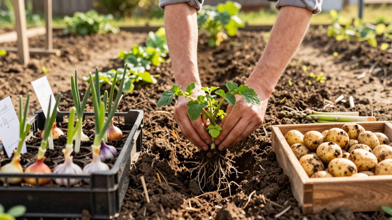 Pessoa a plantar uma muda de planta no solo, com cebolas e batatas à volta num campo de cultivo.