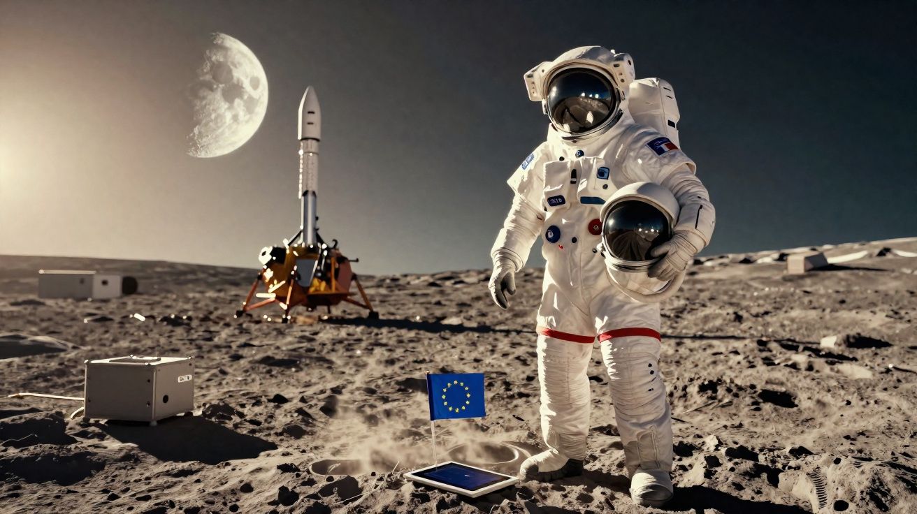Astronauta em fato espacial na superfície lunar com bandeira da União Europeia e módulo lunar ao fundo.