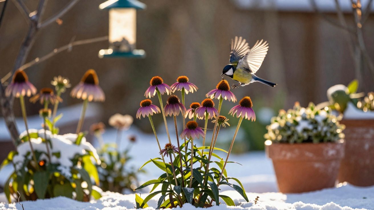 Pássaro voando perto de flores roxas num jardim com neve ao amanhecer.