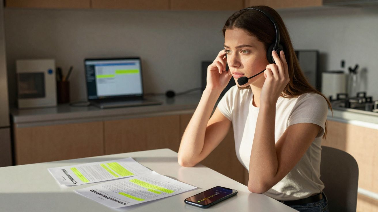 Mulher jovem numa cozinha a trabalhar com auscultadores, documentos e telemóvel na mesa.