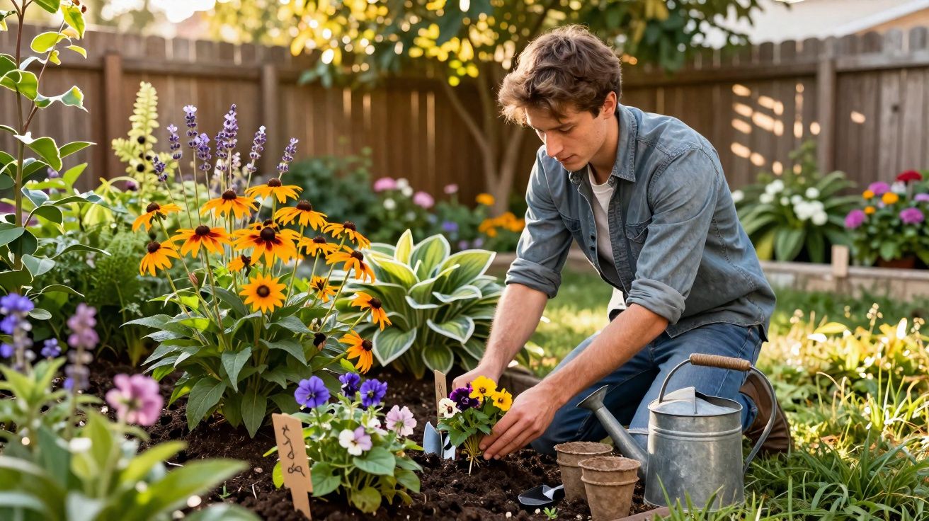 Jovem a cuidar de flores num jardim, a plantar flores coloridas num canteiro com regador ao lado.