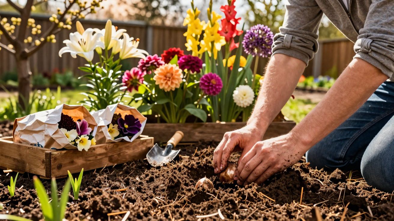 Pessoa a plantar bolbos de flores numa horta com várias flores coloridas ao fundo.