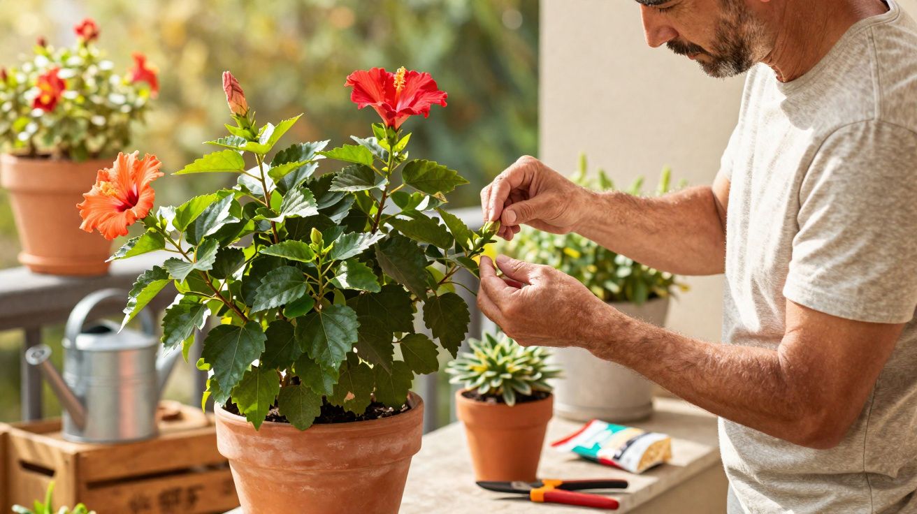 Homem a cuidar de planta com flor vermelha numa varanda com várias plantas em vasos.