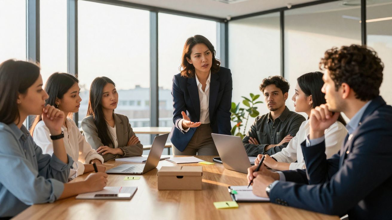 Reunião de trabalho com seis pessoas sentadas à mesa e uma mulher em pé a apresentar um tema.
