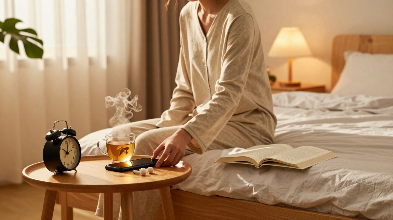 Pessoa sentada na cama com pijama, segurando telemóvel, chá quente e livro aberto numa mesa ao lado.