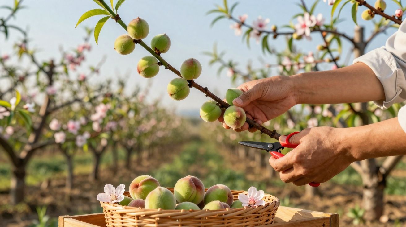 Pessoa a colher pêssegos verdes com tesoura num pomar, colocando-os numa cesta de verga.