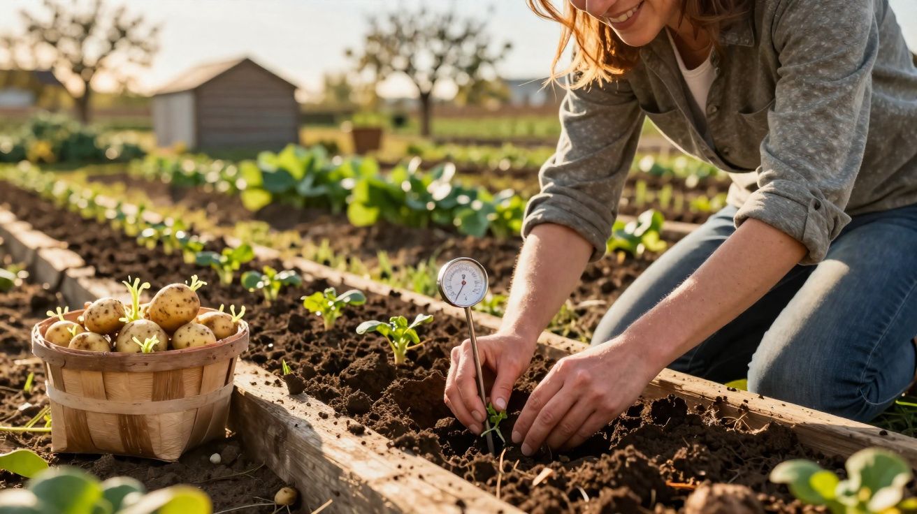 Mulher a plantar vegetais num canteiro elevado, com cesta de batatas ao lado ao ar livre.