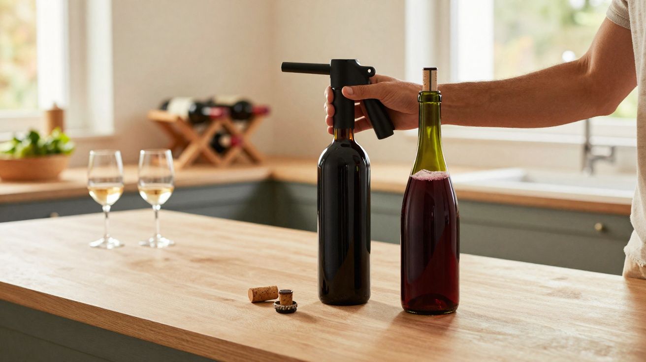Pessoa a usar saca-rolhas para abrir garrafa de vinho tinto numa cozinha moderna com duas taças de vinho branco.