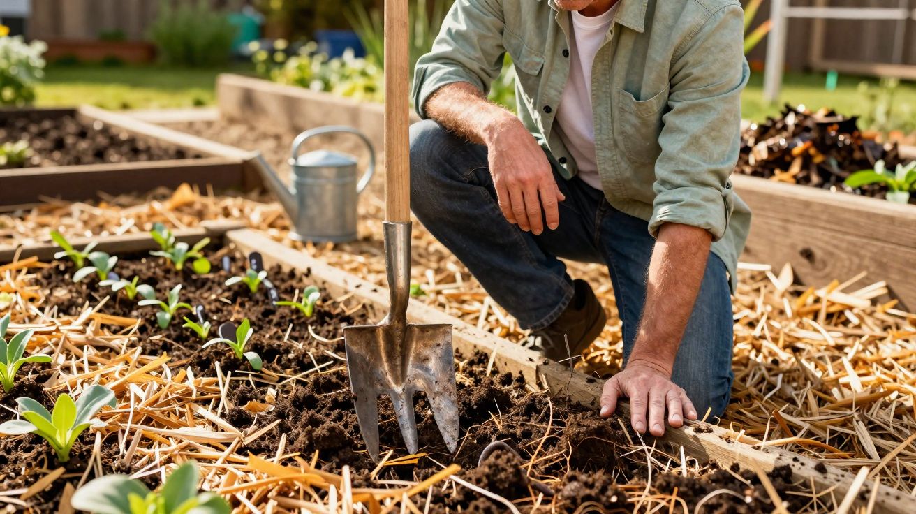 Homem a cultivar um jardim com ferramenta de metal e muda de plantas em canteiro com palha.