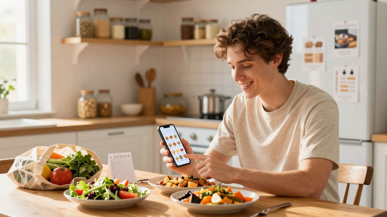 Homem jovem sentado à mesa com saladas, a consultar uma aplicação de receitas no telemóvel numa cozinha luminosa.