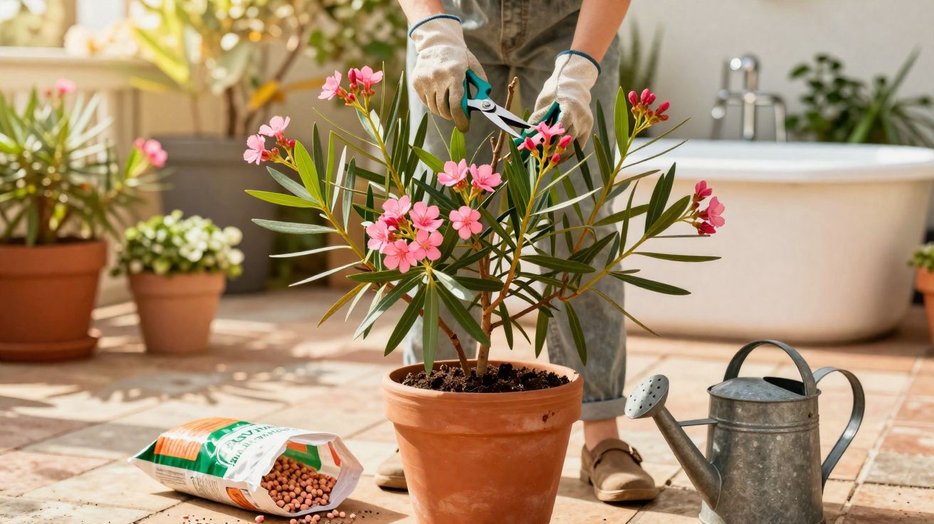 Pessoa a podar planta com flores cor-de-rosa num vaso terracota num terraço ensolarado.