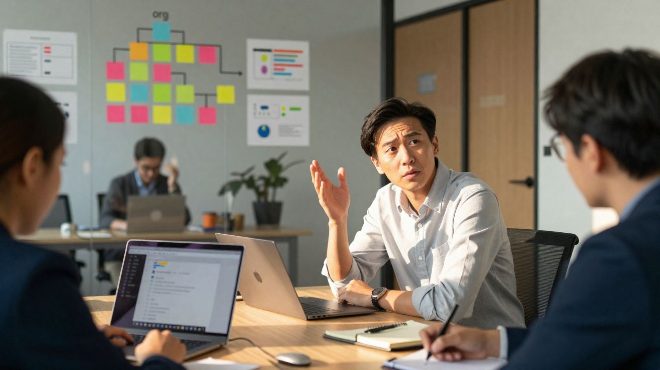 Grupo de três pessoas em reunião de trabalho num escritório moderno com laptops e notas.