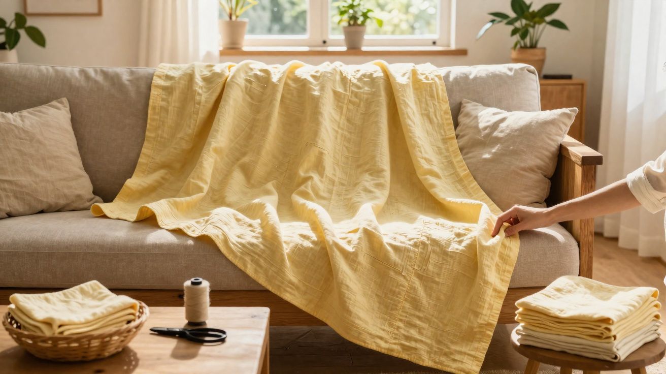 Manta amarela estendida num sofá cinza em ambiente acolhedor, com uma mão a ajeitá-la.