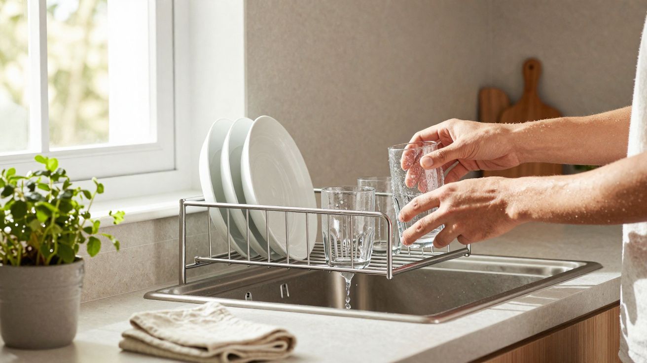 Pessoa a secar copos e pratos brancos numa escorredoura junto a uma janela iluminada.