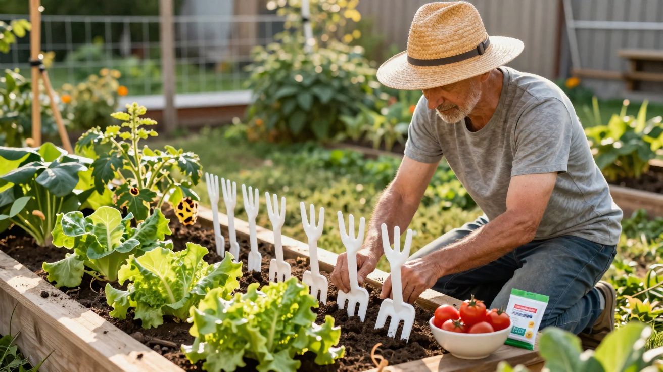 Homem idoso a plantar sementes numa horta urbana com regadores de plástico branco e legumes frescos.