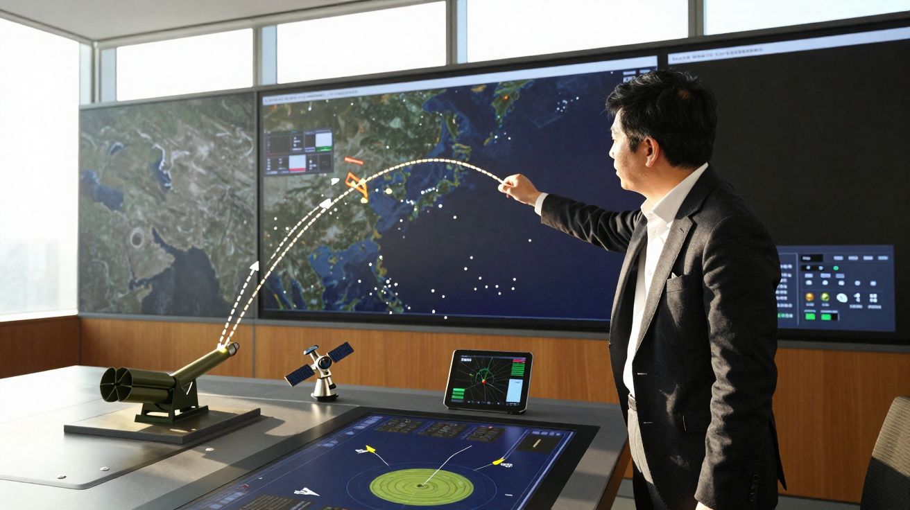 Homem a apontar para trajeto de projétil num ecrã gigante com mapas e controlo de radares numa sala moderna.