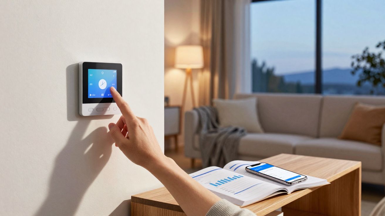 Pessoa a ajustar termóstato digital numa sala moderna com sofá e mesa de madeira com documentos e telemóvel.