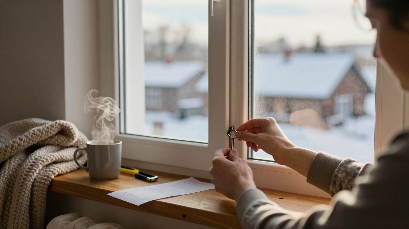 Pessoa a abrir janela numa manhã de inverno, chá quente e manta na mesa junto ao parapeito.