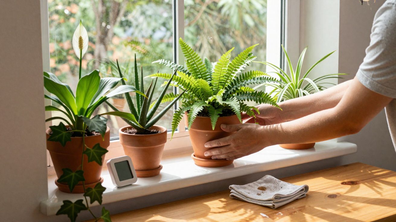 Pessoa a cuidar de plantas em vasos numa janela iluminada, com toalha sobre mesa de madeira.