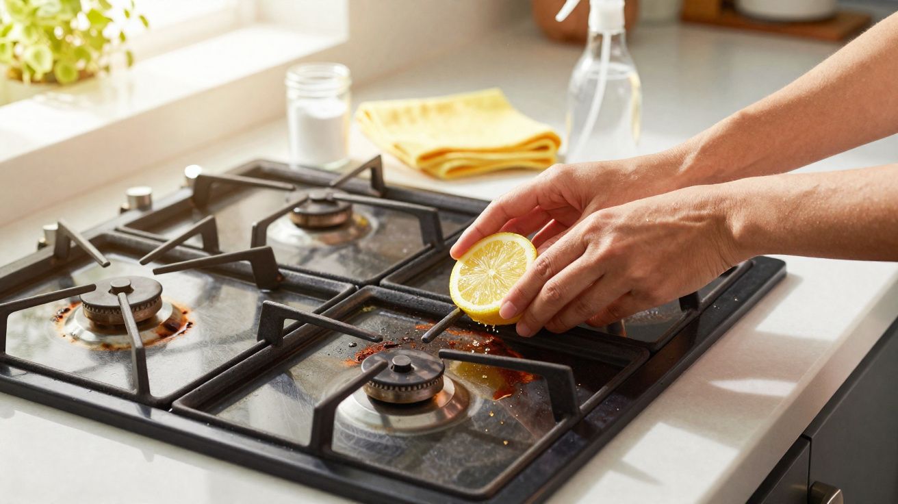 Mãos a esfregar uma placa de fogão a gás suja com meio limão partido.