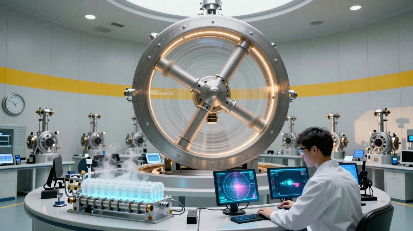 Cientista a trabalhar num laboratório futurista com equipamento tecnológico avançado e grande dispositivo giratório.