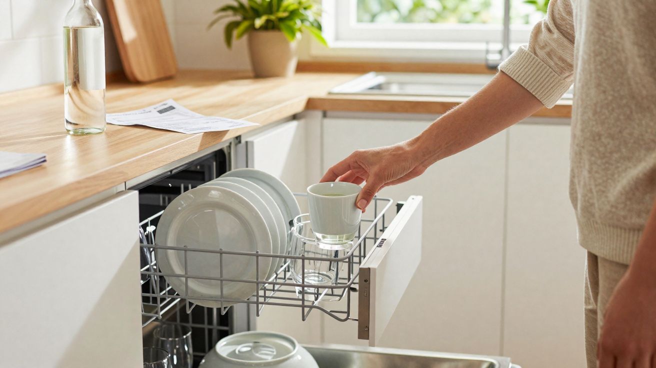 Pessoa a retirar uma chávena da máquina de lavar louça numa cozinha luminosa e organizada.