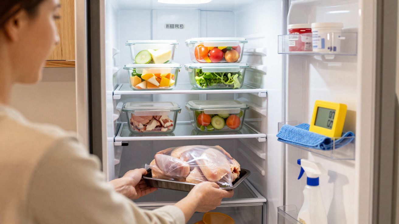 Pessoa guarda frango cru numa bandeja no frigorífico com recipientes transparentes cheios de legumes e fruta.