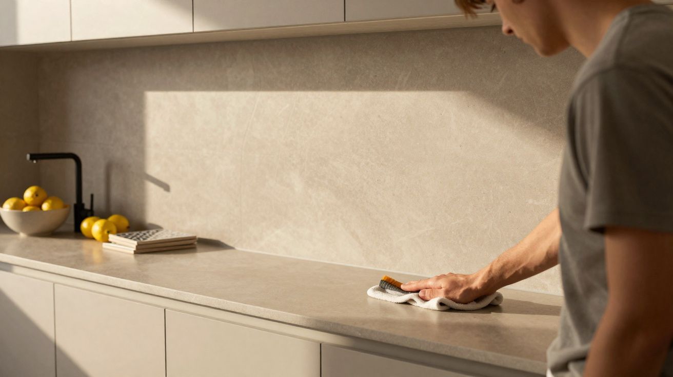 Pessoa a limpar a bancada da cozinha moderna com pano e escova, com tigela de limões ao fundo.