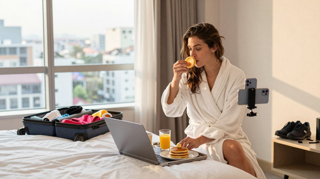 Mulher de roupão a comer panquecas e a trabalhar num portátil, com mala aberta e telemóvel em tripé.