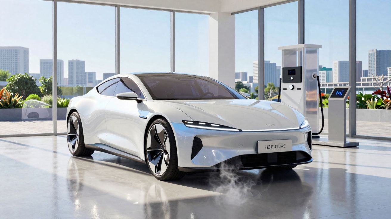 Carro elétrico branco futurista estacionado em garagem moderna com sistema de carregamento.