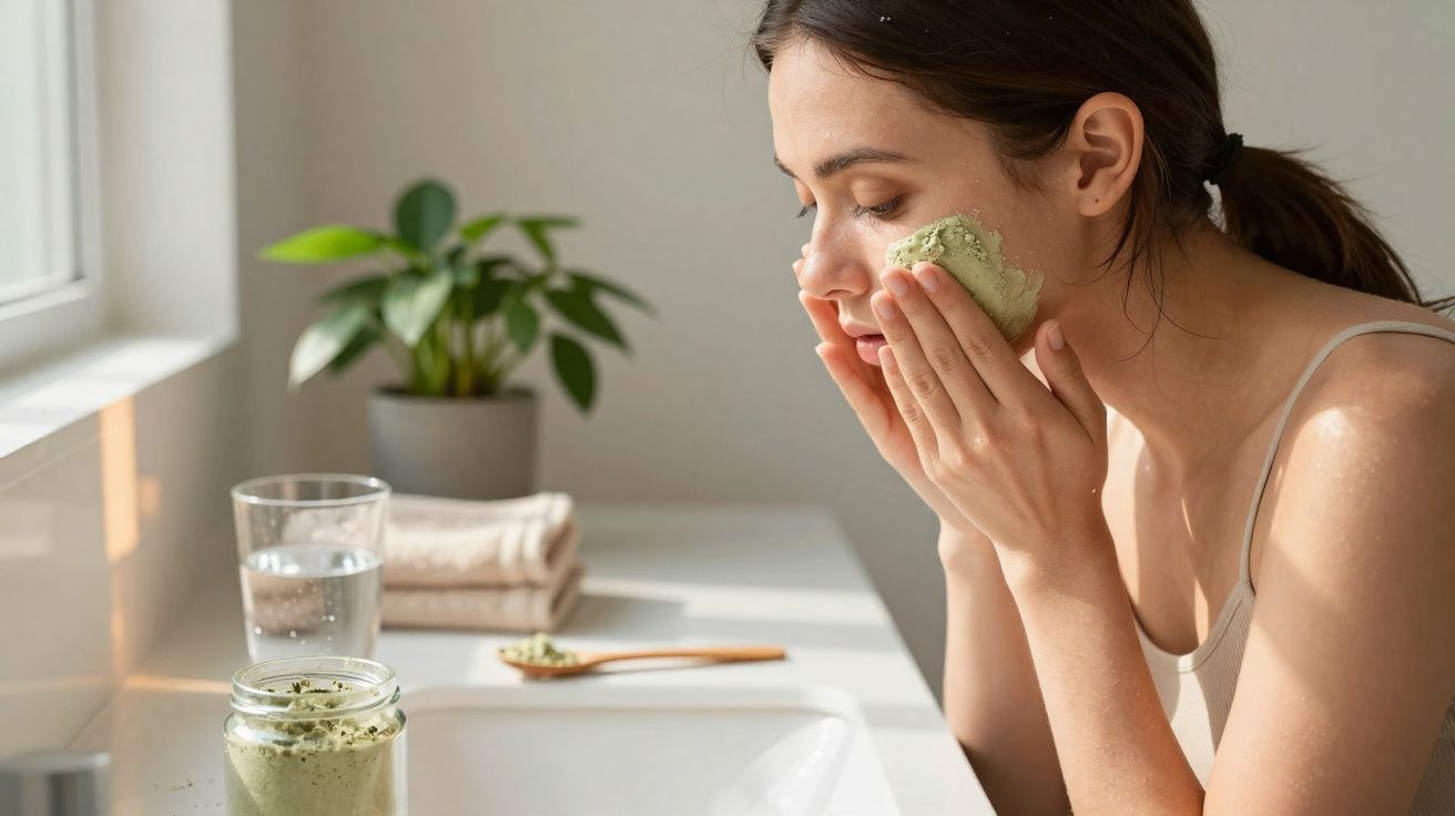 Mulher aplica máscara facial verde enquanto está em frente a uma pia iluminada pela luz natural.