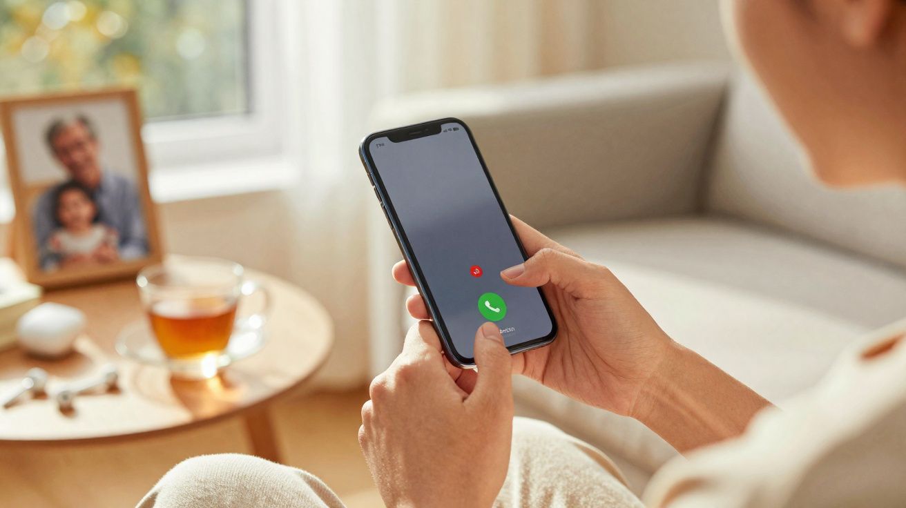 Pessoa a atender uma chamada num smartphone enquanto está sentada numa sala confortável.