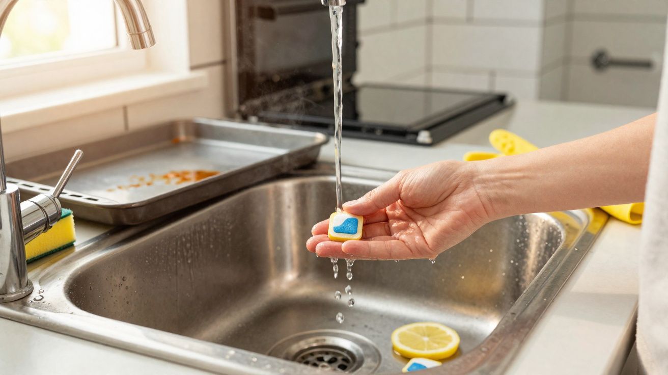 Mão a segurar uma pastilha para máquina de lavar louça sob água corrente numa pia de cozinha.