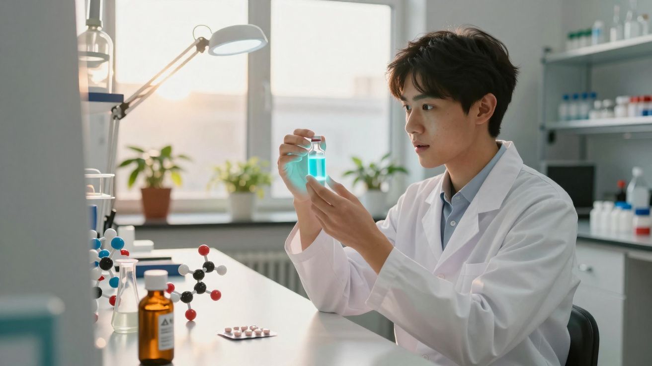 Cientista de laboratório a observar um frasco com líquido azul, rodeado de equipamentos científicos.