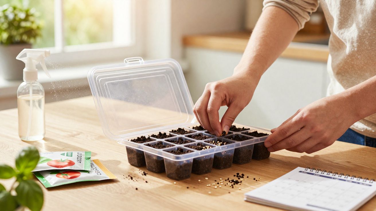 Pessoa a semear sementes em tabuleiro de plástico com terra para cultivo doméstico na cozinha.