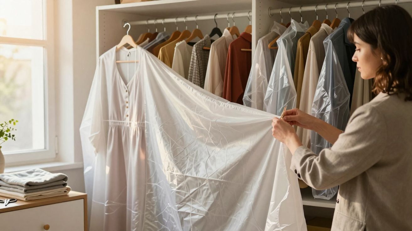 Mulher a organizar vestido branco protegido por capa de plástico num armário com várias roupas penduradas.