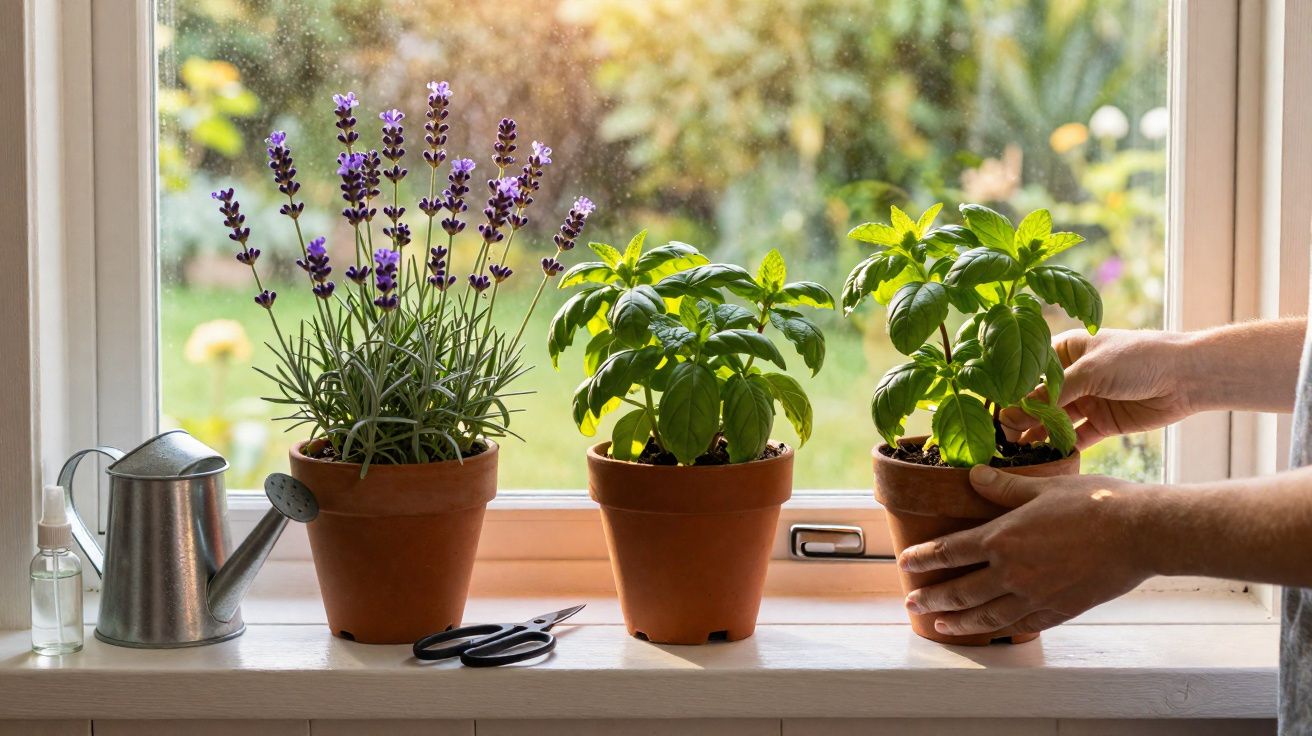 Três vasos com plantas aromáticas numa janela, incluindo alfazema e manjericão, com mãos a cuidar de uma planta.