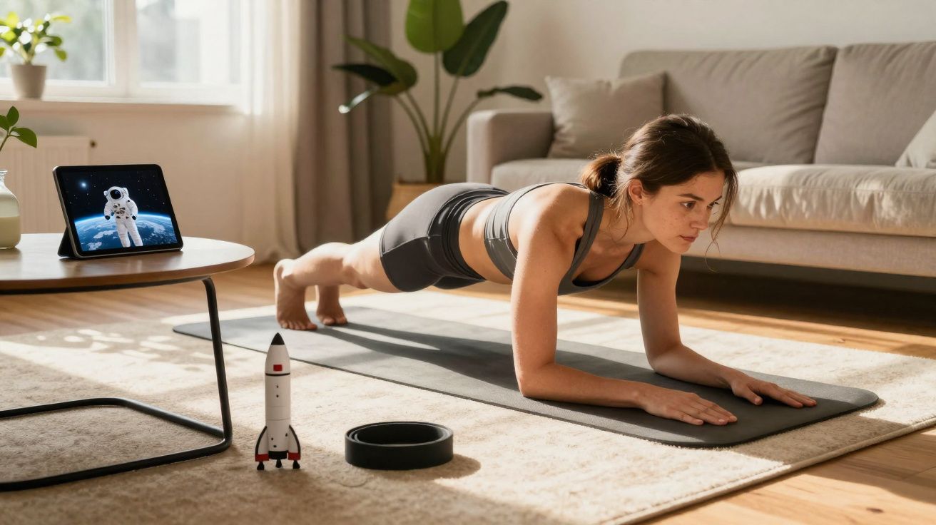 Mulher a fazer prancha abdominal em tapete de exercício, numa sala com brinquedos espaciais e tablet com astronauta.