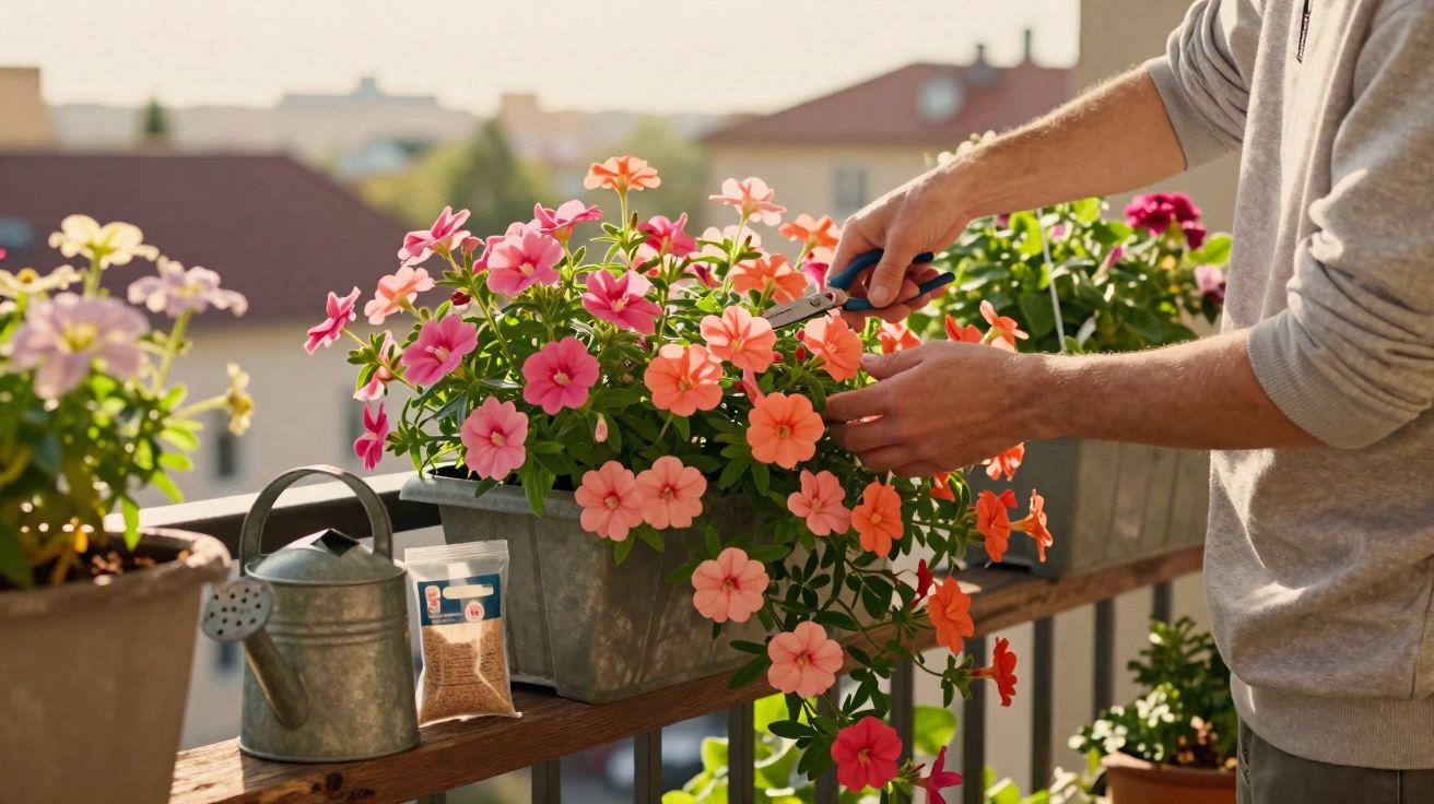 Pessoa a podar flores cor-de-rosa e laranja em vasos metálicos numa varanda ensolarada.